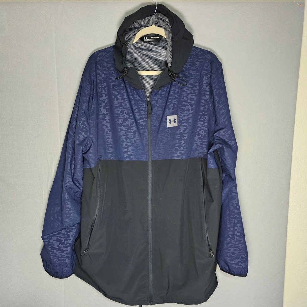 Under Armour Mens XXL Digital Camo Full Zip Hooded Windbreaker Jacket Blue Black